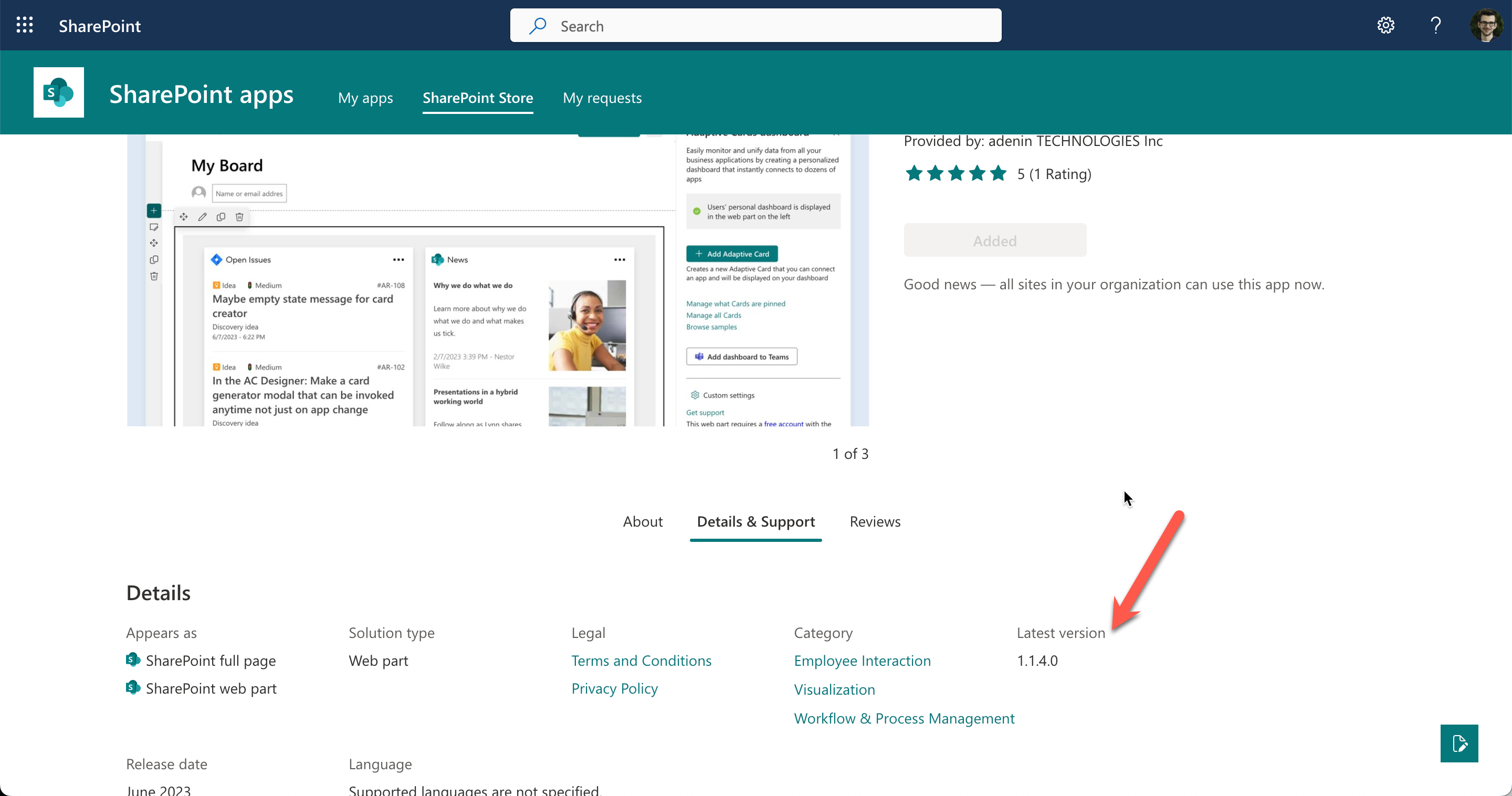 Latest web part version in SharePoint store