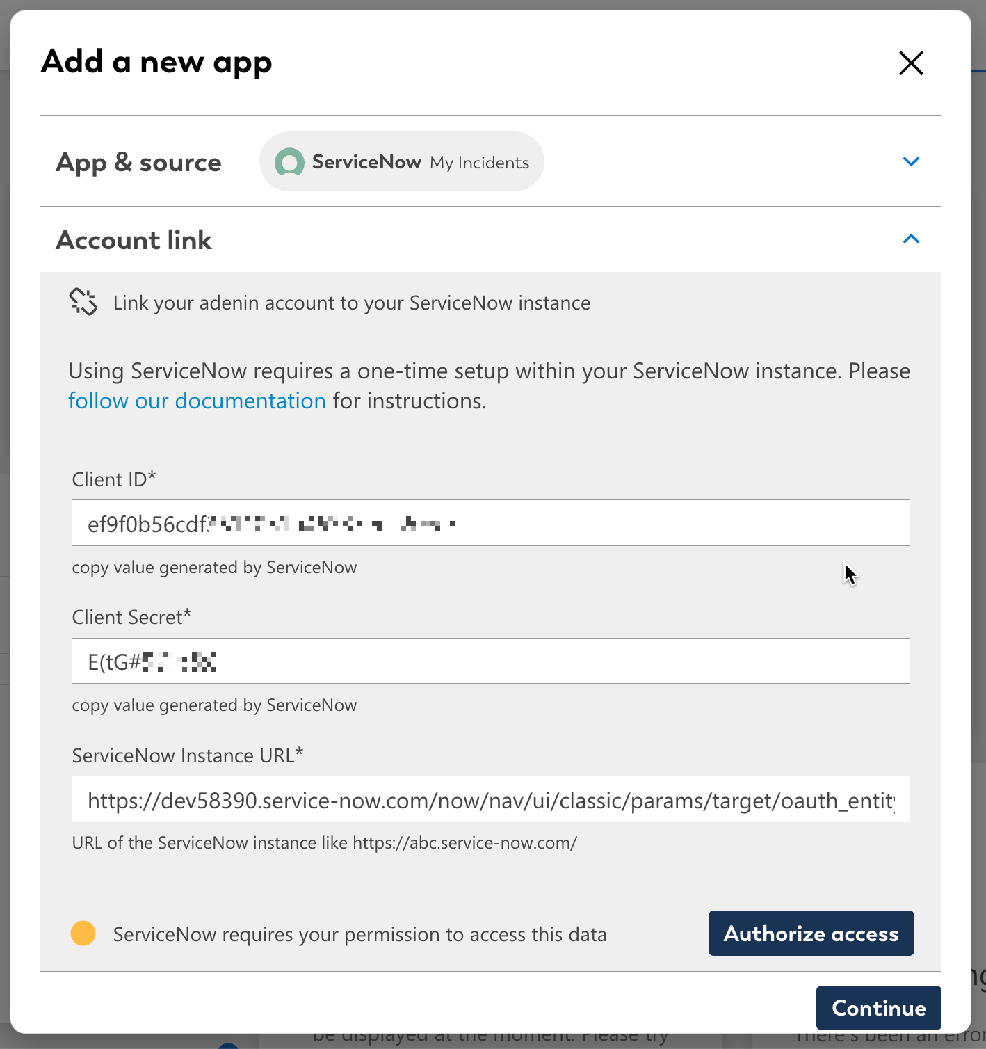 ServiceNow connector configuration screen